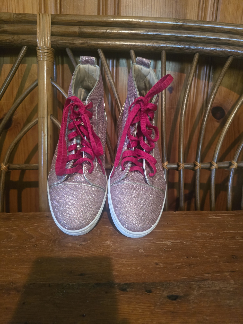 Christian Louboutin Sparkly Pink High Top Sneakers with Hot Pink Laces - Picture 3 of 16